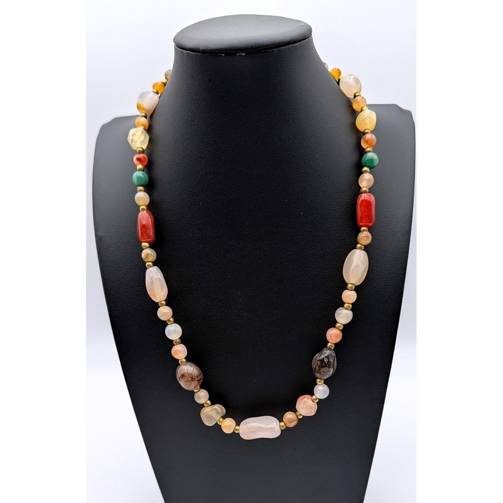 Vintage Multi Gemstone Agate Carnelian Bead Necklace Brass Barrel Clasp 21 Inch